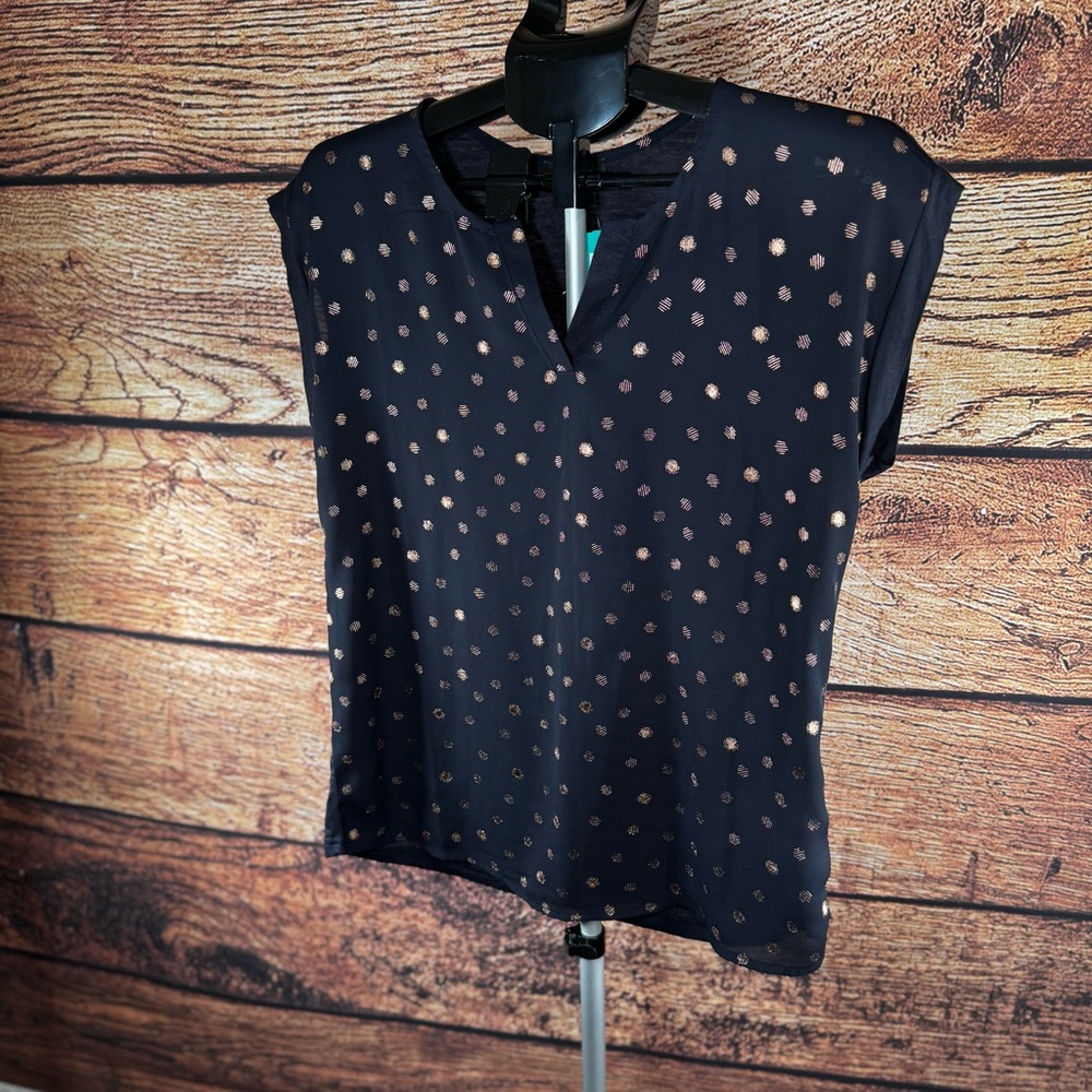 NWT Women's Navy with Gold Polka Dot Pattern Short Sleeve Top Size Small - Picture 4 of 15